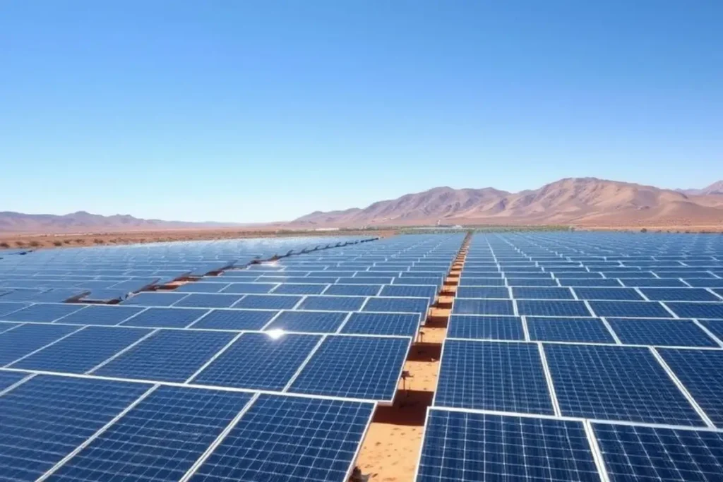 Vast solar power plant in the Moroccan desert with rows of solar panels under a bright blue sky