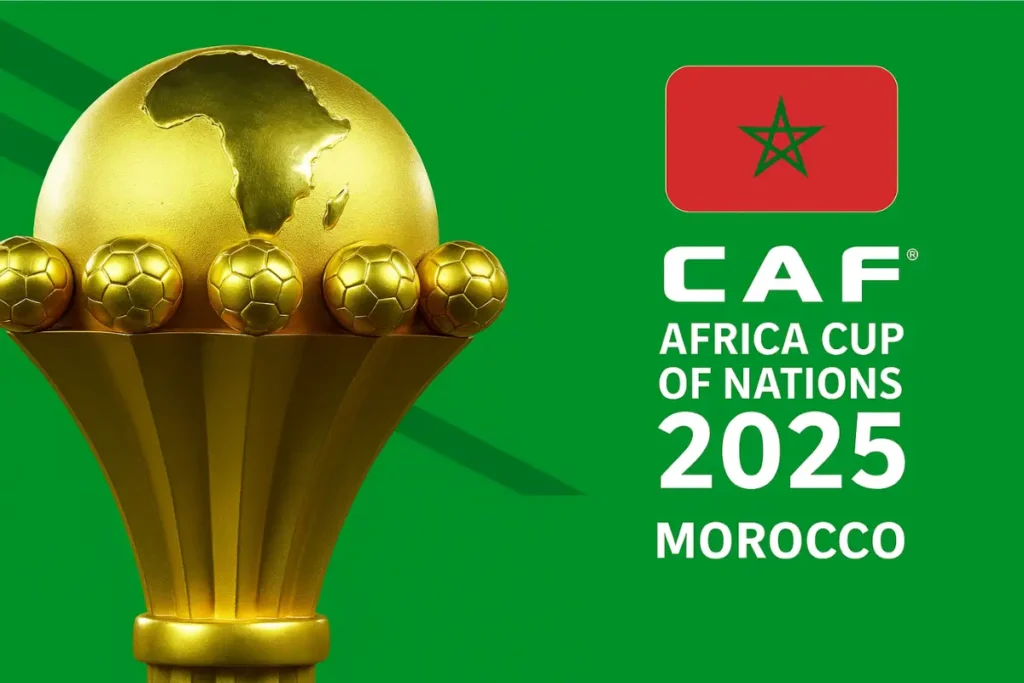 CAF 2025 logo featuring the Africa Cup of Nations tournament hosted by Morocco