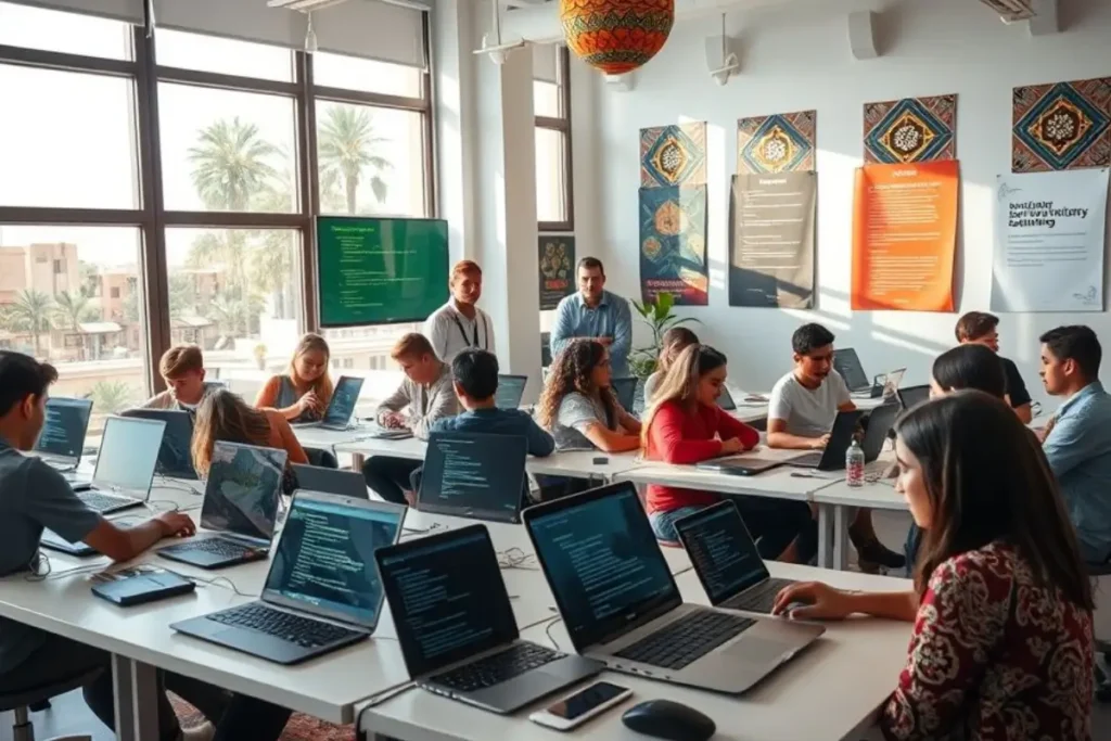 Students learning coding in a Moroccan tech bootcamp