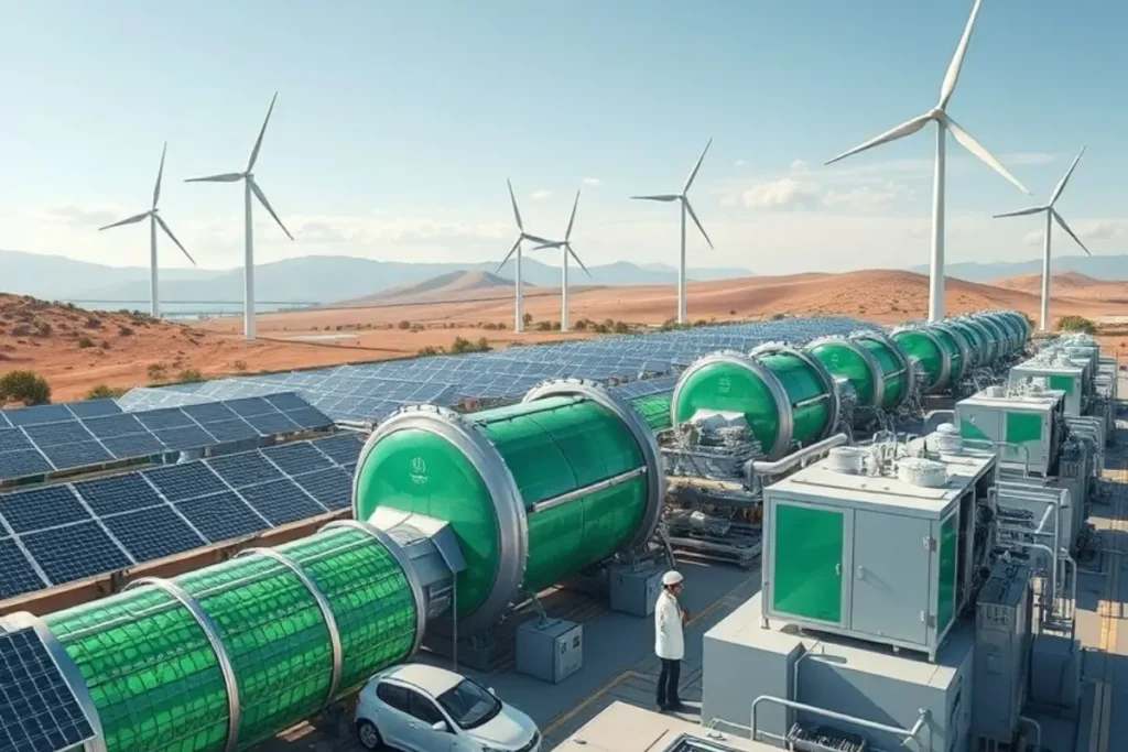 Futuristic green hydrogen production facility in Morocco featuring wind turbines, solar panels, and advanced energy storage systems.