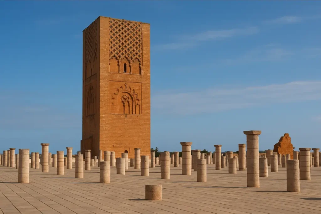 View of Hassan Tower in Rabat, Morocco – a historic 12th-century minaret and iconic landmark surrounded by unfinished columns