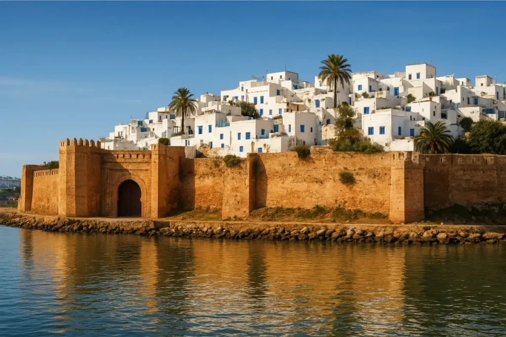 Scenic view of Kasbah des Udayas in Rabat, Morocco – a historic fortress overlooking the Atlantic Ocean, known for its Andalusian gardens, blue-and-white alleyways, and a must-see attraction among the top things to do in Rabat Morocco