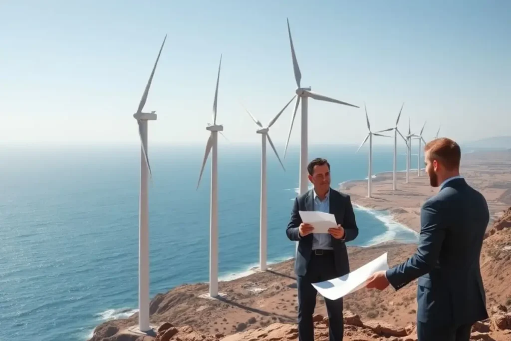 Modern wind turbines spinning along the Moroccan coastline under a clear blue sky, showcasing renewable energy investment in Morocco