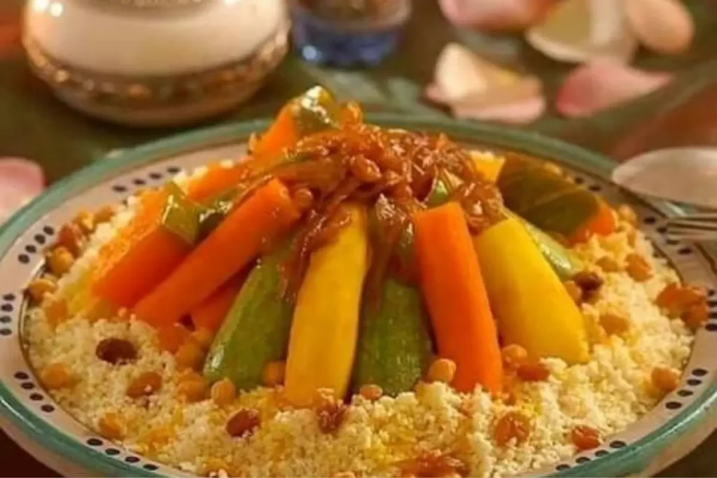 Traditional Moroccan couscous served with vegetables, chickpeas, and tender meat in a decorative ceramic bowl.