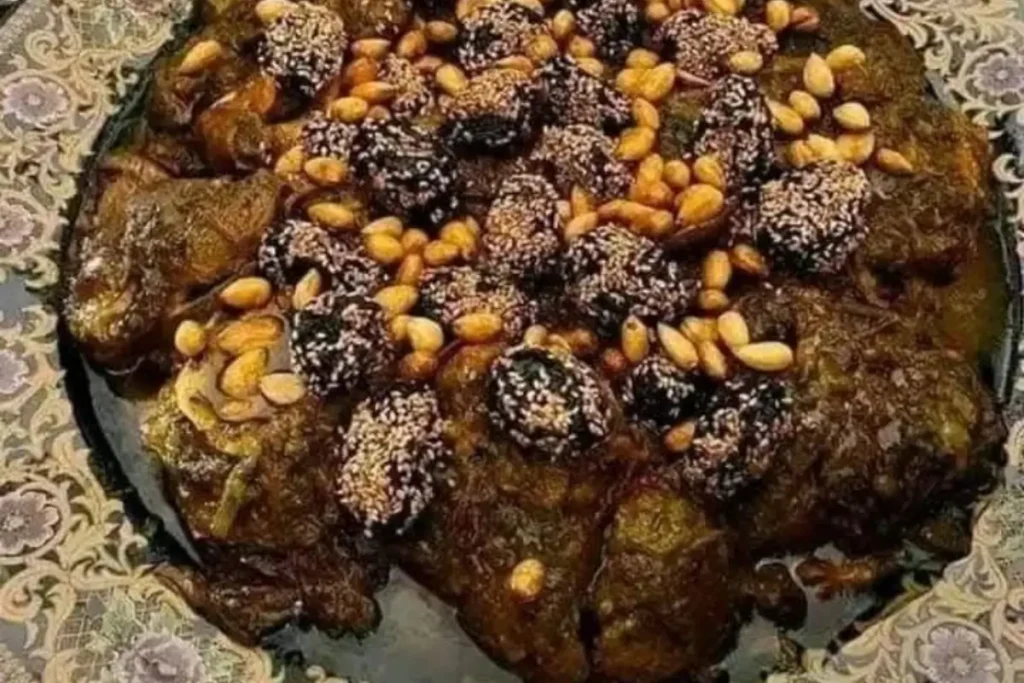 Moroccan tagine with tender meat, prunes, and cinnamon sauce