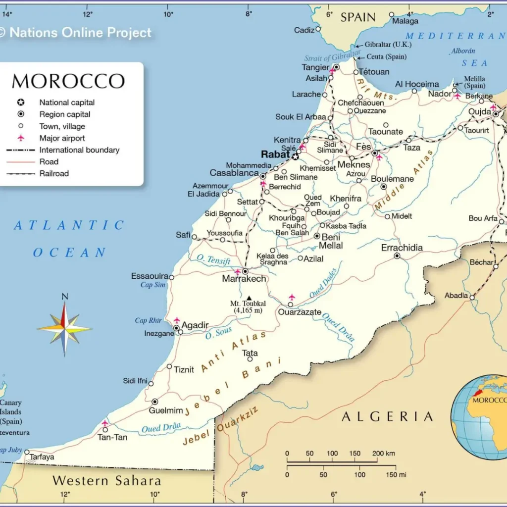 Morocco political map showing regions, provincial boundaries, and major cities