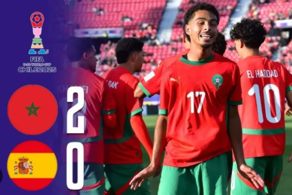 Morocco U20 players celebrating goal against Spain in FIFA U20 World Cup 2025