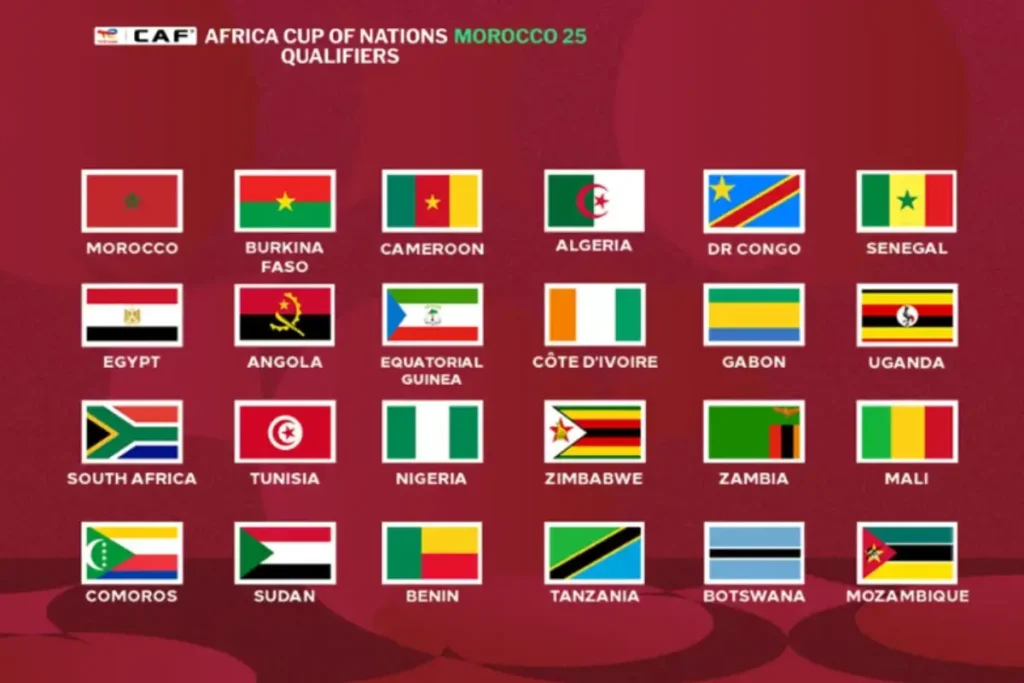 List of teams qualified for the 2025 Africa Cup of Nations in Morocco with national flags and logos