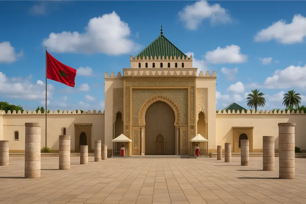 Exterior view of the Royal Palace of Rabat, Morocco – one of the top things to do in Rabat Morocco, featuring traditional Islamic architecture, landscaped gardens, and the official residence of the Moroccan King