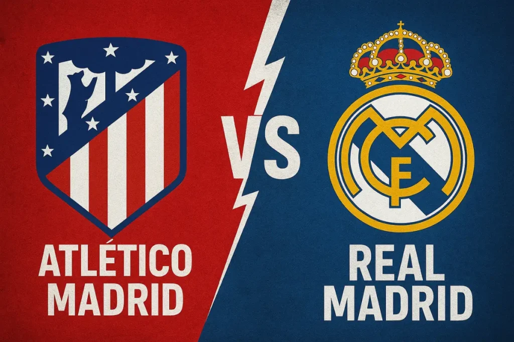 Atlético Madrid vs Real Madrid football match poster showing both team logos with a red and blue split background and a bold VS symbol in the center.