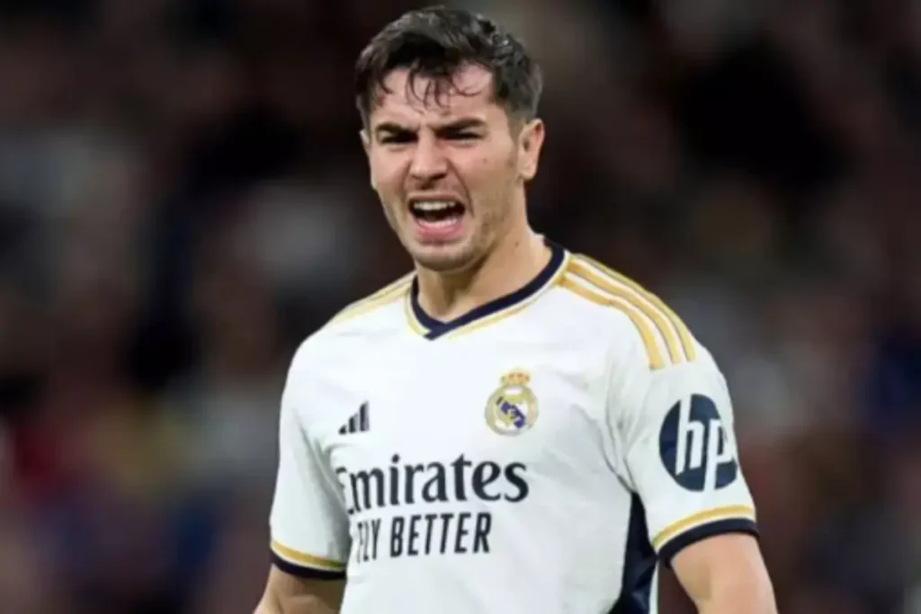 Brahim Diaz celebrates scoring a goal for Real Madrid in 2025 Champions League match