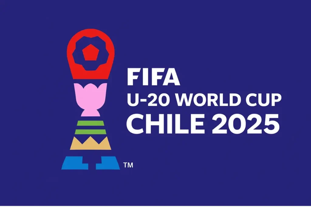 Official 2025 FIFA U‑20 World Cup Chile featuring a colorful stylized trophy and bold white text on a dark blue background.