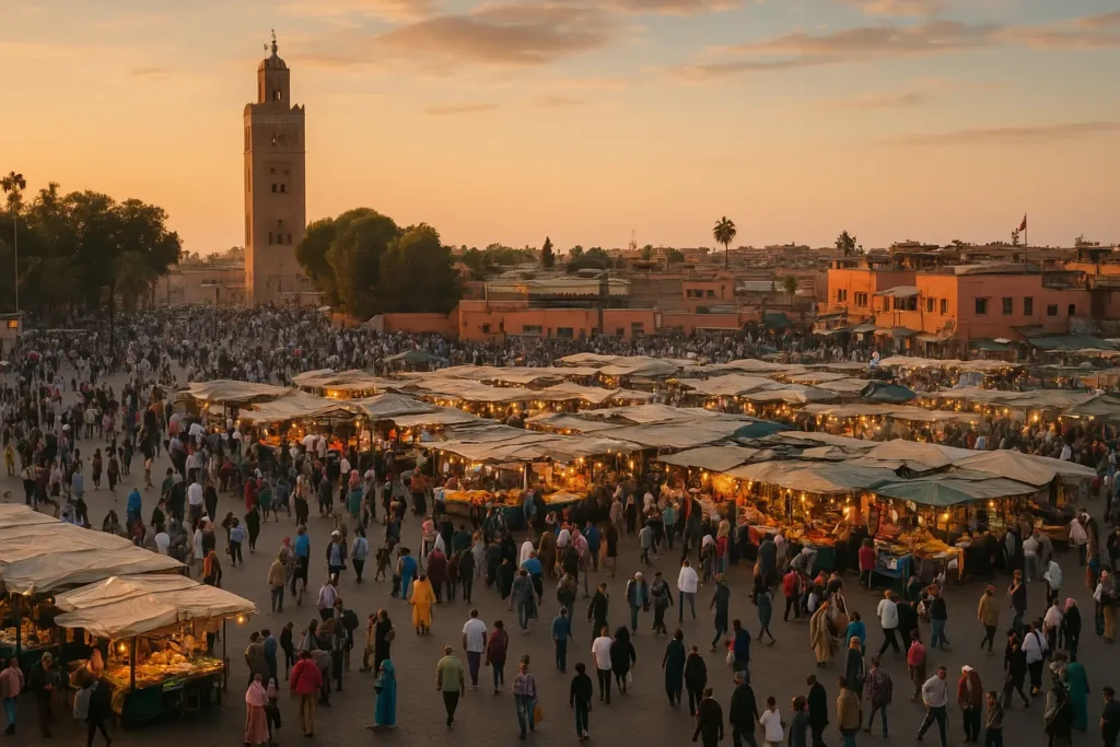 Jemaa el-Fna Square in Marrakech bustling with street performers, food stalls, and local crowds at sunset