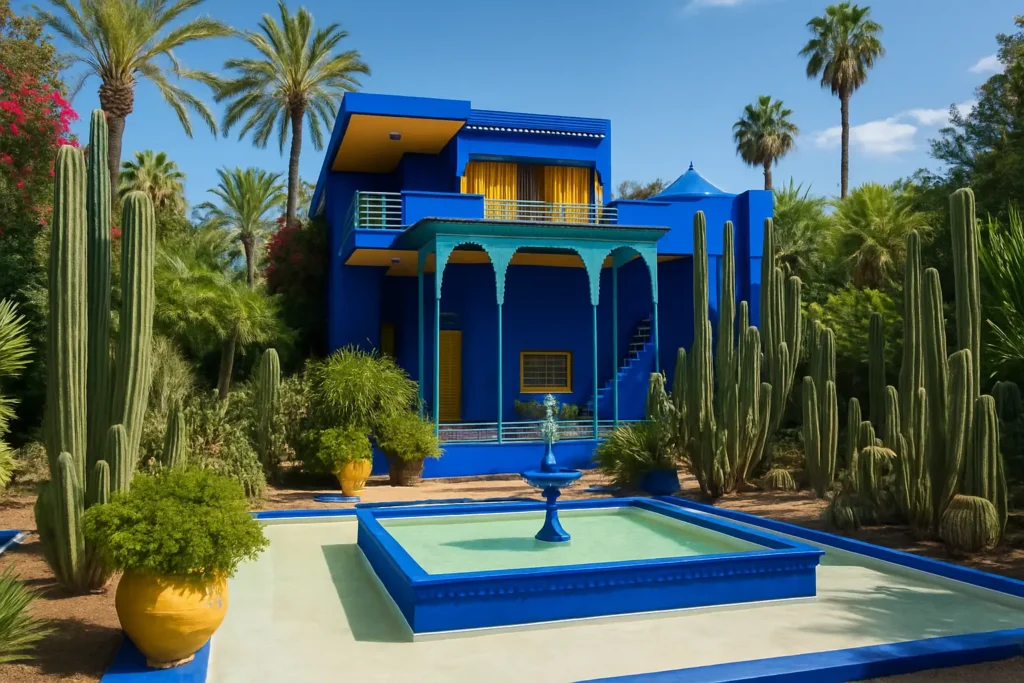 Majorelle Garden in Marrakech with vibrant blue buildings, exotic plants, and peaceful pathways