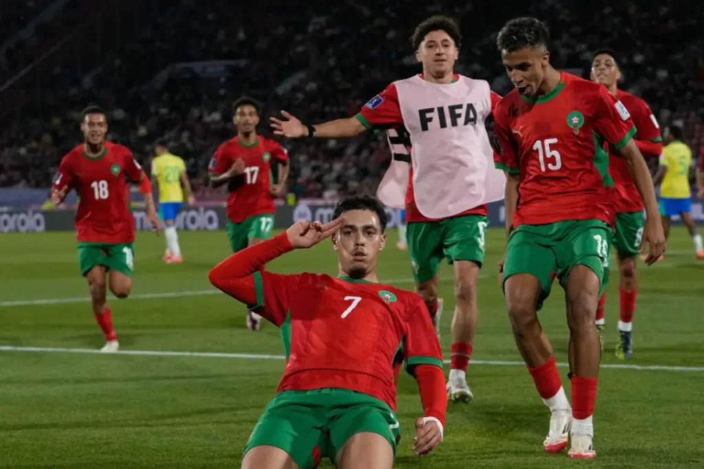 Morocco U20 defender Ayoub El Kaabi Jr. scoring a decisive header from a corner against FIFA U20 World Cup 2025 Morocco vs Brazil