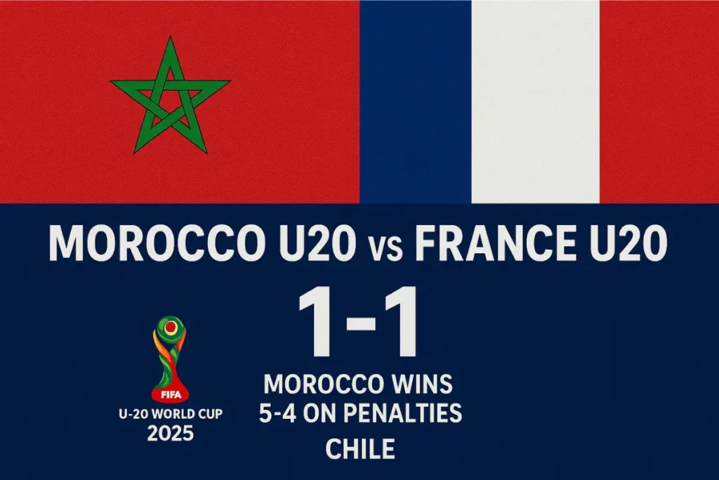 Score graphic showing Morocco U20 vs France U20 1–1, Morocco wins 5–4 on penalties in the FIFA U20 World Cup 2025 semifinal held in Chile.