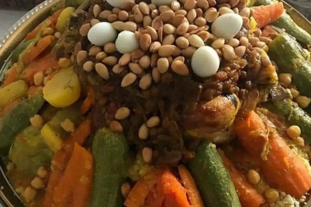 Traditional Moroccan couscous served with vegetables, chickpeas, and meat in a clay dish.