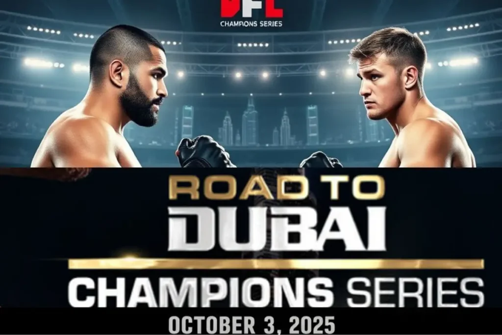 Usman Nurmagomedov vs Paul Hughes 2 at PFL Champions Series 3 in Dubai on October 3, 2025, featuring both fighters in a face-off stance