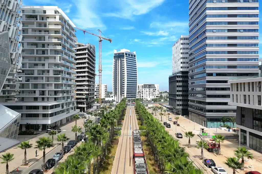 Modern skyline of Casablanca Finance City, Morocco’s leading financial hub for African markets, featuring sleek skyscrapers and contemporary architecture.