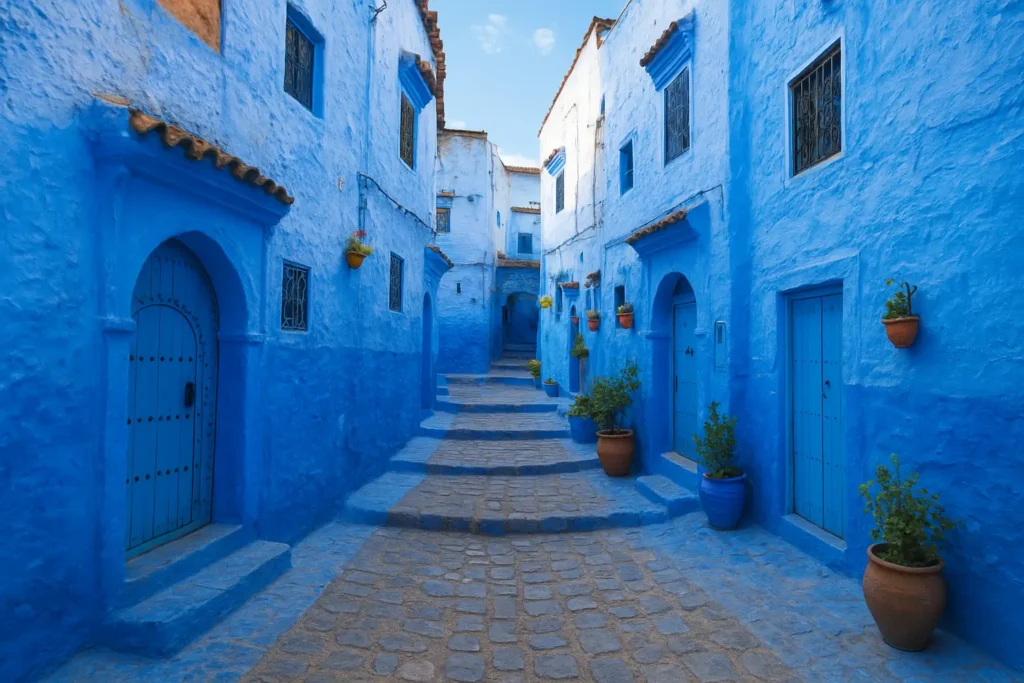Scenic view of Chefchaouen, the blue city of Morocco, with vibrant blue-painted buildings nestled in the Rif Mountains, a must-see destination for tourism in Morocco.