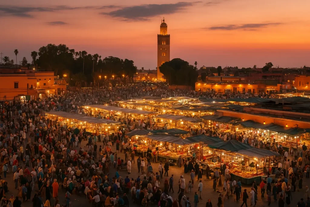 Vibrant night scene at Jemaa el-Fnaa square in Marrakech with food stalls, street performers, and traditional Moroccan atmosphere that reflects the richness of Morocco Culture.